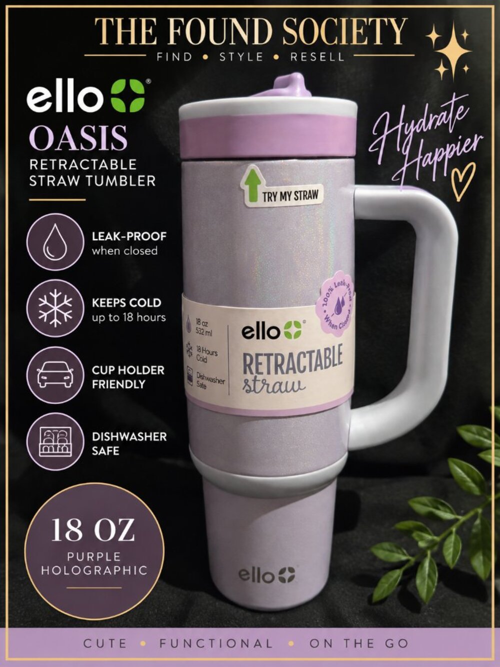 NWT Ello Oasis 18oz Purple Holographic Tumbler Retractable Straw